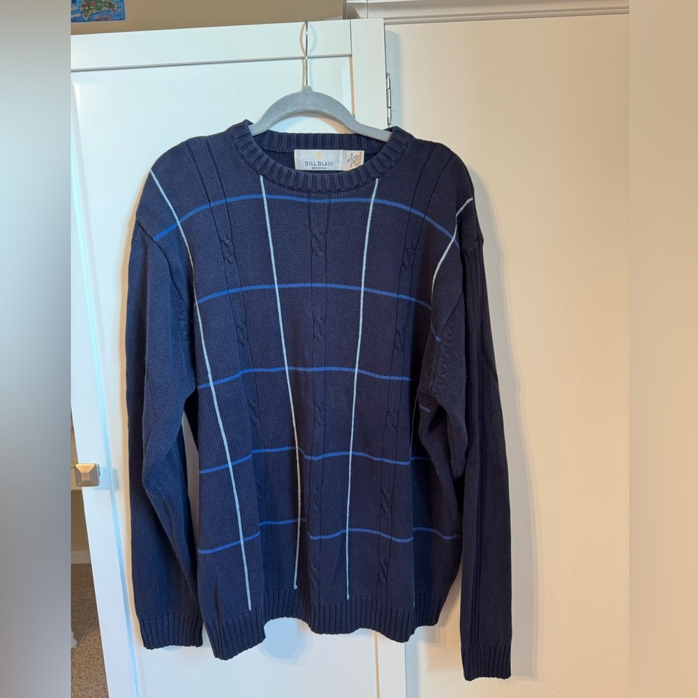 Bill Blass Men's Navy and Light Blue Plaid with Cable Knit Pattern Sweater
